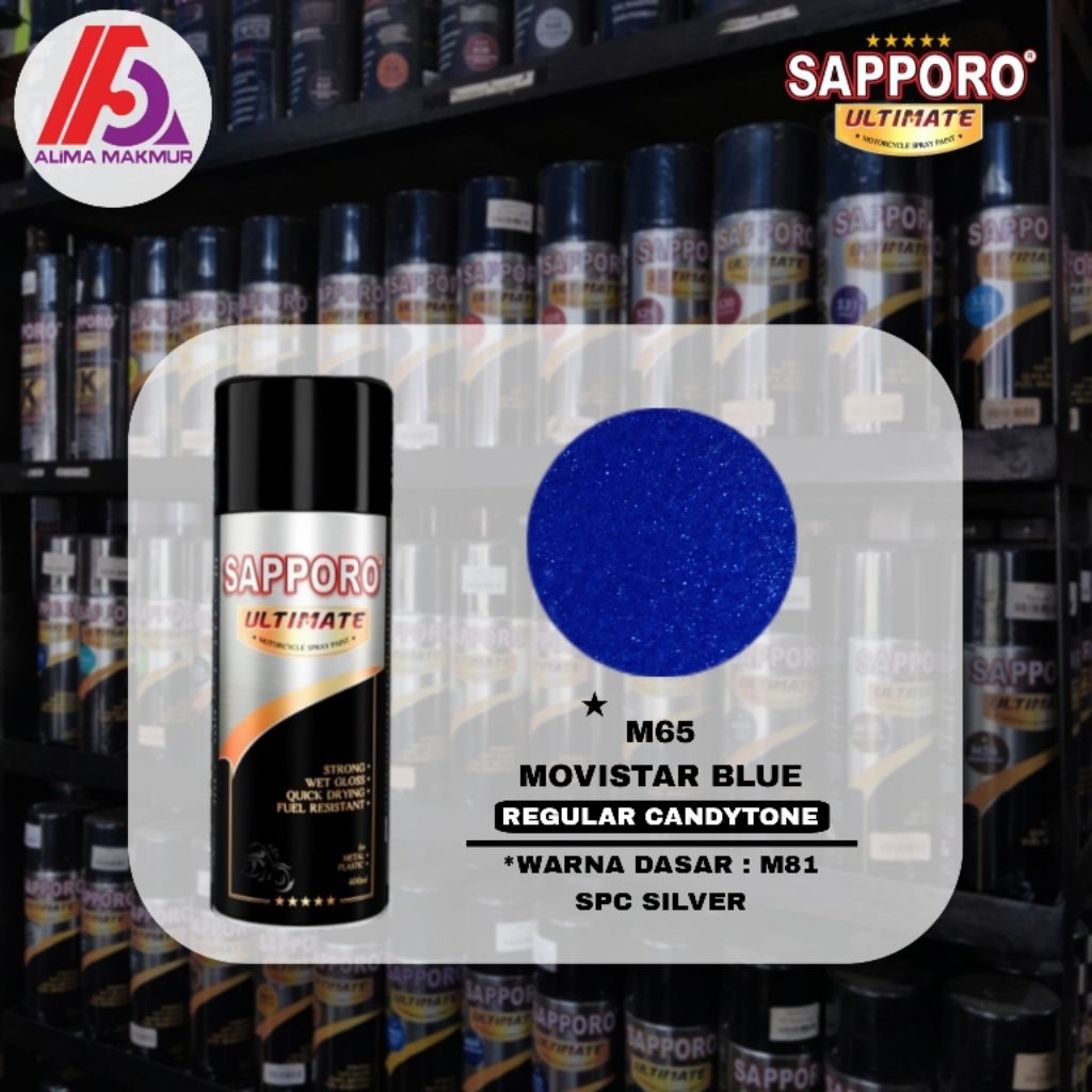 Sapporo Ultimate M65 Movistar Blue 400ml / Pilok Sapporo / Cat Semprot Sapporo / Pilok Biru Metalik