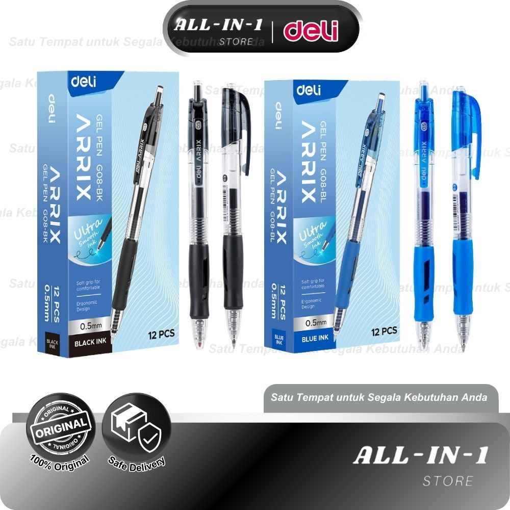 

Deli Gel pen 0.5mm warna hitam/biru Deli pulpen gel cetek 0.5mm 2 warna EG08-BK, EG08-BL