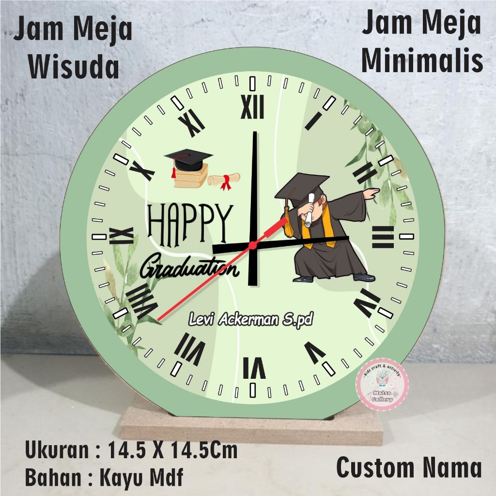 Jam meja kayu MDF diameter 15cm custom nama / jam wisuda / souvenir / hampers guru custom tulisan