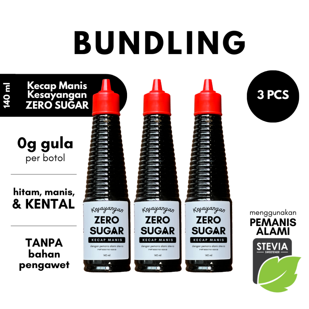 

3 PCS - Kecap Manis Kesayangan Zero Sugar 140 ml - Stevia Bebas Gula, Rendah Kalori, & DEBM Friendly