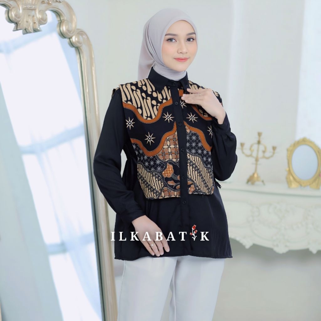 Vest Kemeja Batik Wanita Rompi Jumbo Katun Lengan Panjang Blouse Atasan Baju Kerja Nadine ILKABATIK