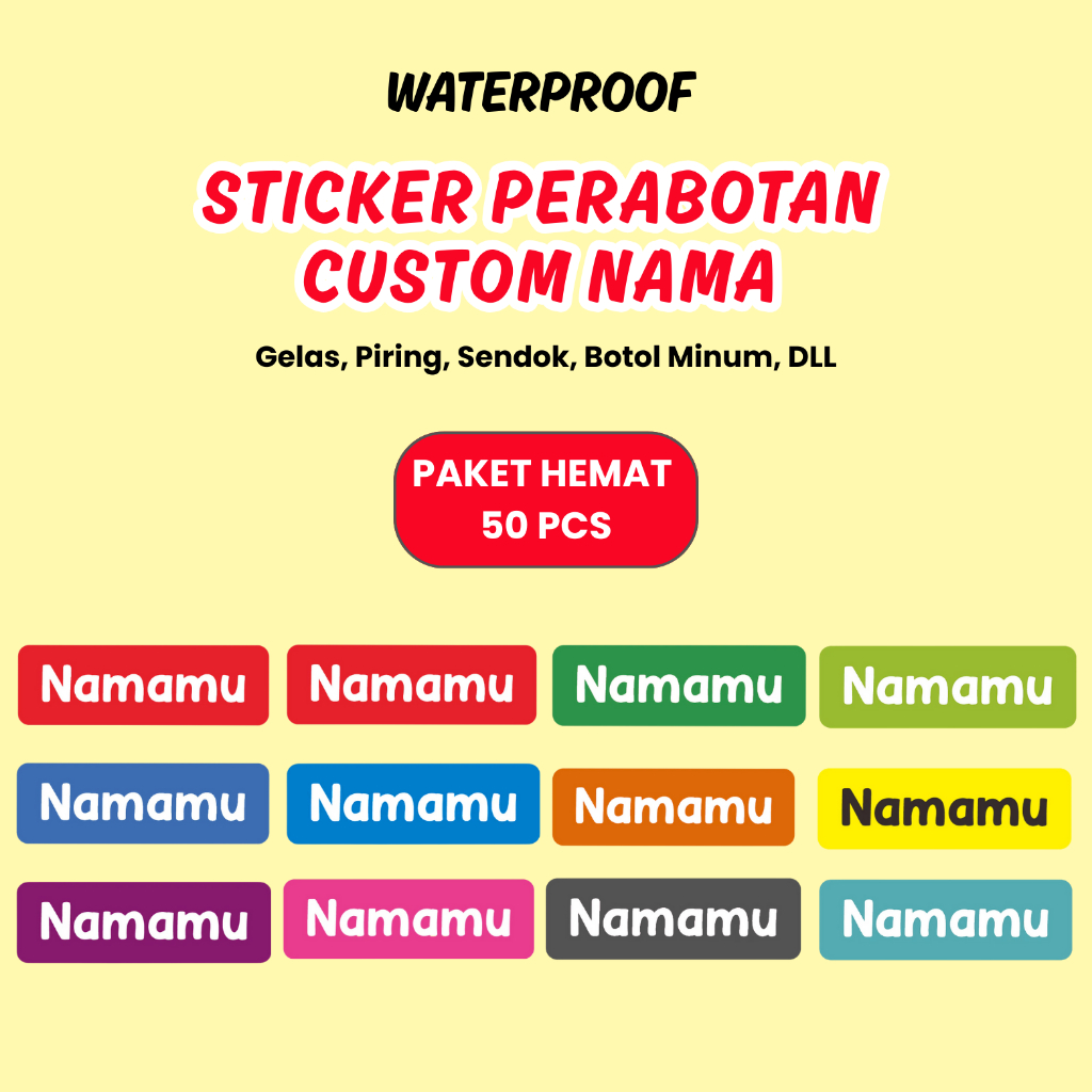 

Sticker Perabotan Custom Nama 50 Pcs Piring Sendok Botol Gelas timbul waterproof label 3D