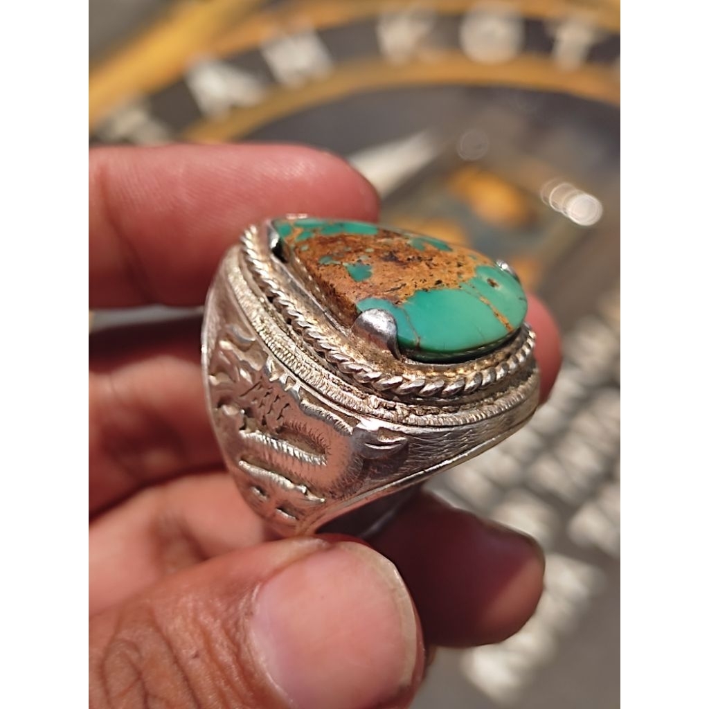 Batu Pirus Persia Natural Ring Perak Handmade Motif Ukir Naga