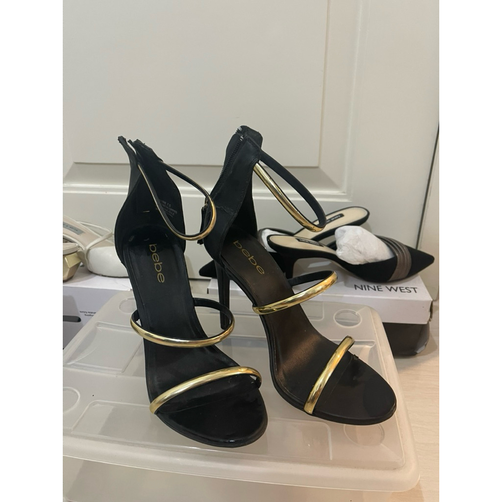Bebe Black Gold Heels Sandals Shoes