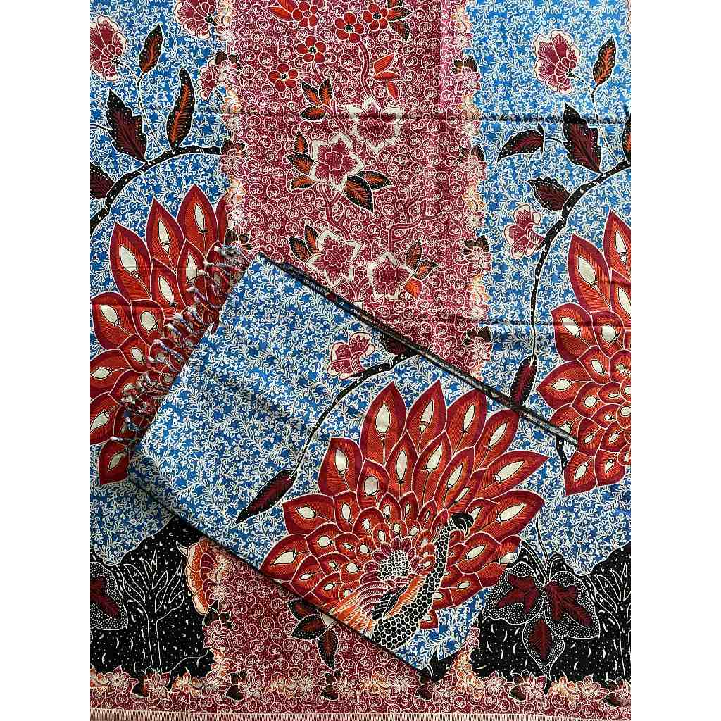 Suasa Kain Batik Sutra Dobby ATBM Set Selendang Motif Burung Merak Warna Biru Premium