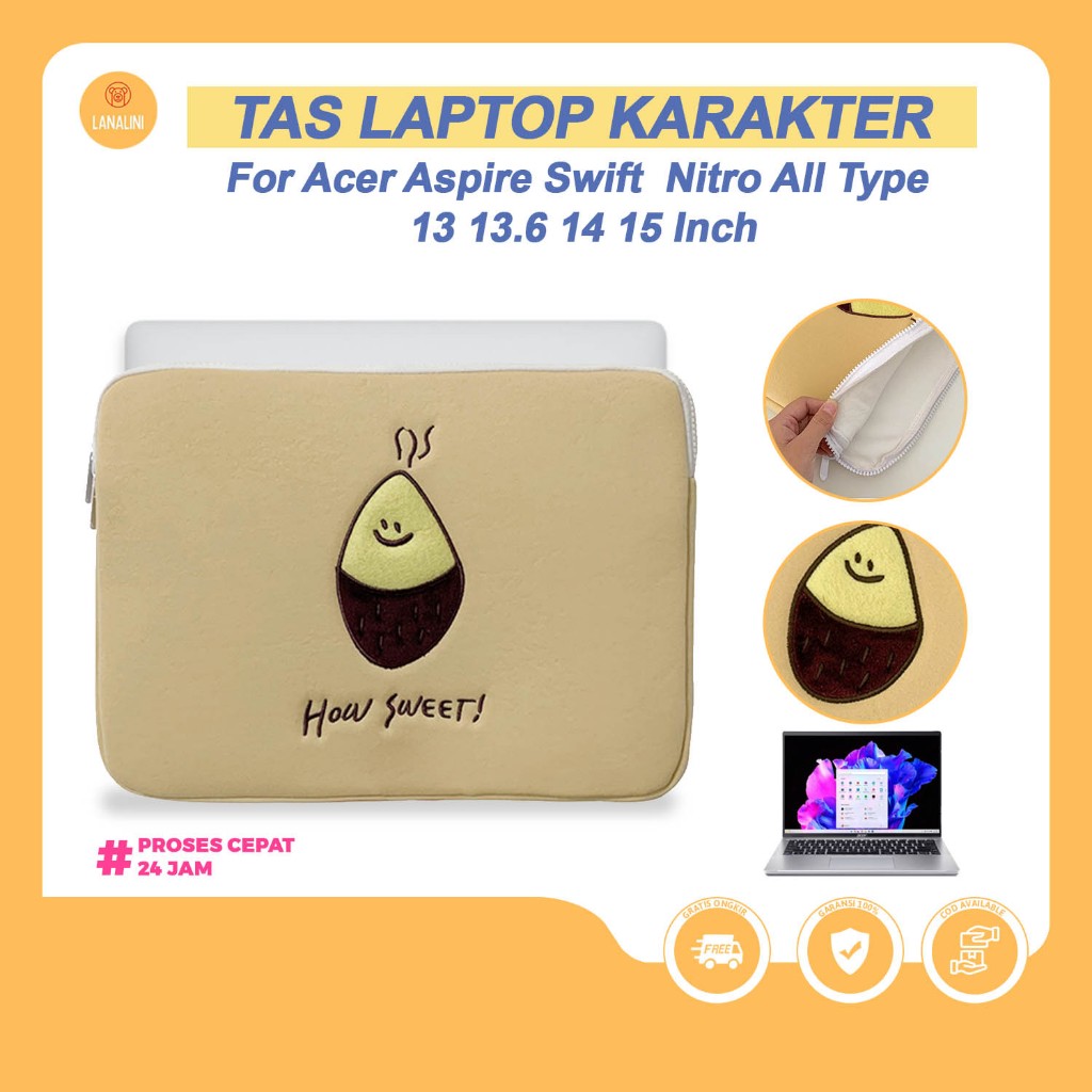 Sleeve Laptop Wanita Tas Sarung Kartun Seed Lucu Material Katun Warna Khaki Soft Acer Aspire Swift G