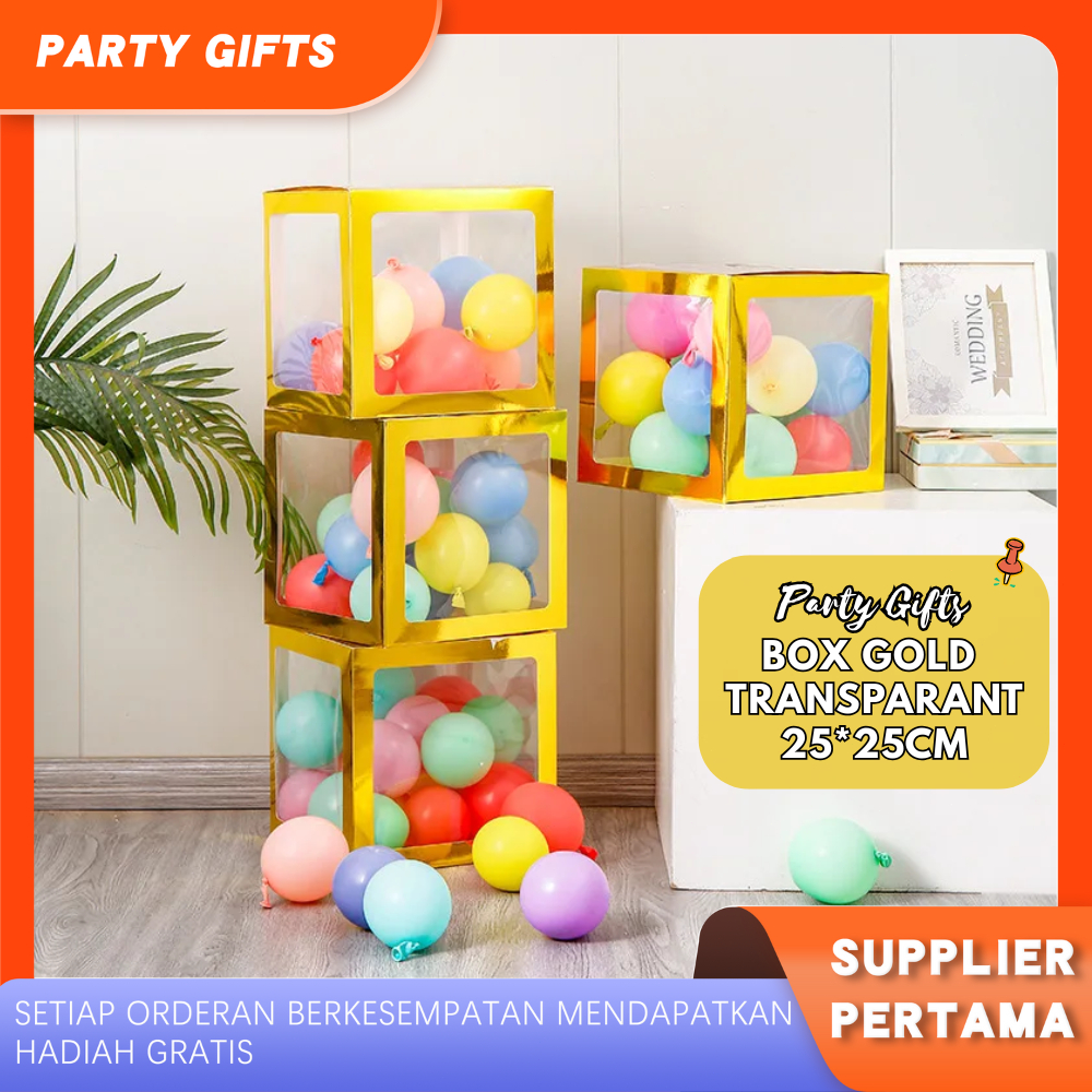 Kotak Balon Gold 25*25cm Box Balon Transparan Tanpa Huruf Box Emas Untuk Dekorasi Pesta UlangTahun P