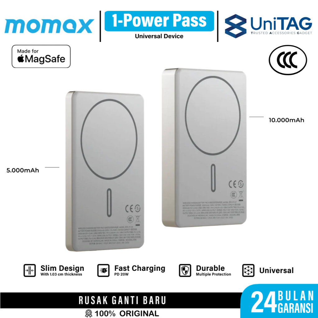 Momax Powerbank 1-Power Pass CCC Wireless Magsafe Fast Charging Type C Momax 10000mAh 5000mAh PD