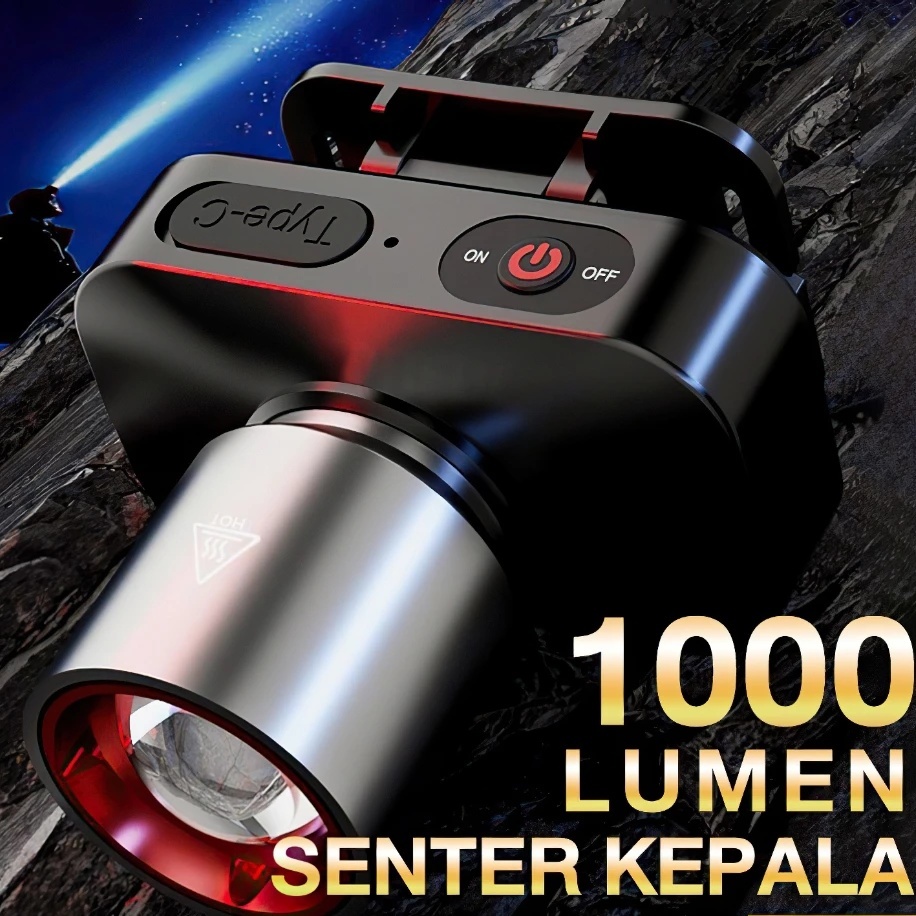 Senter kepala super terang anti air 1000 Lumen lampu senter kepala zoom super terang headlamp outdoo