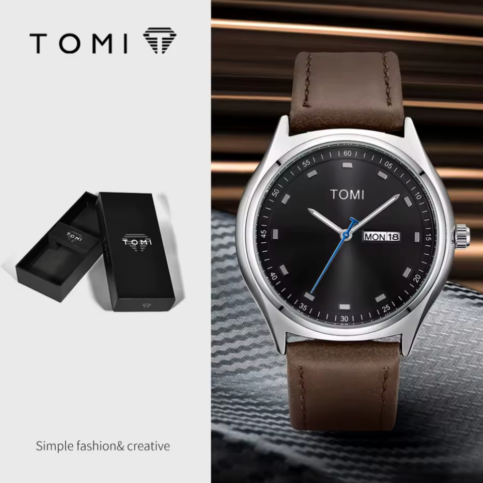 TOMI Jam Tangan Unik Pria Bisnis Fashion Jam Tangan Mewah Elegant Strap Kulit T030