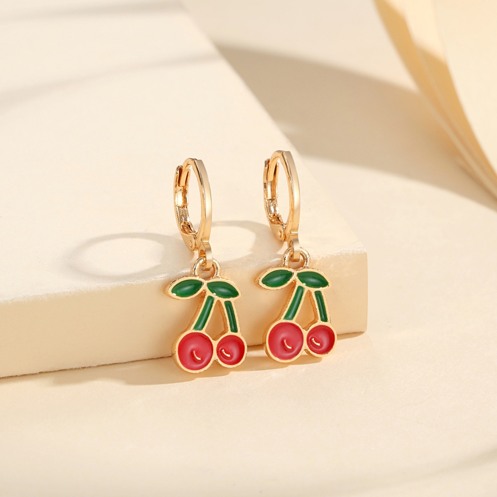 LM968 【COD】 Fashion Ceri Anting Anak Titanium Lapis Emas Perhiasan Imitasi Anting Anti-Pudar