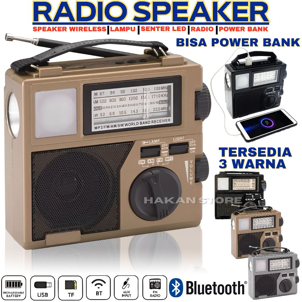 Radio Jadul Bluetooth +Senter LED Emergency FLECO F-318B FM/AM/SW/TF USB Radio Bluetooth Multifungsi