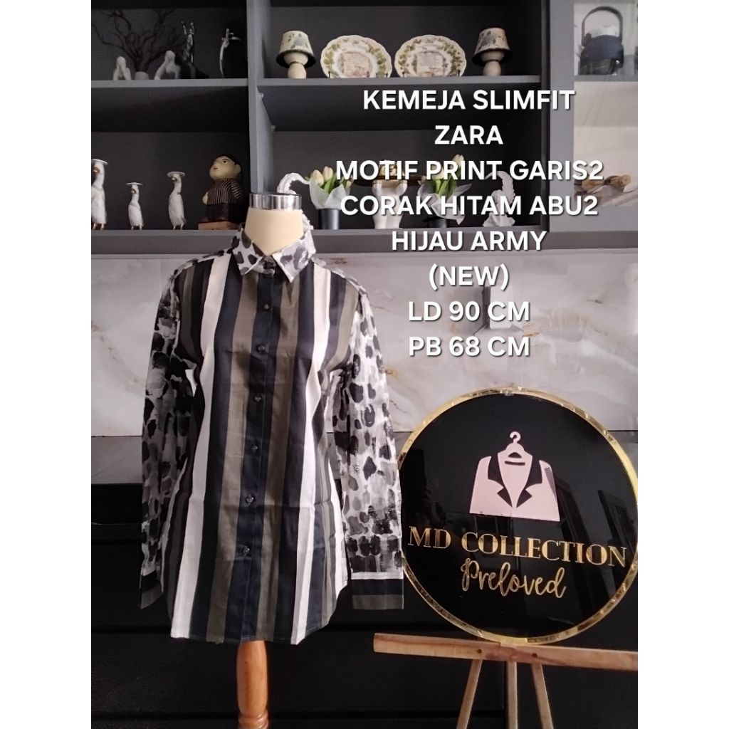 KEMEJA SLIMFIT WANITA MOTIF GARIS2 CORAK ABU2 HITAM PUTIH ZARA WOMAN (NEW)