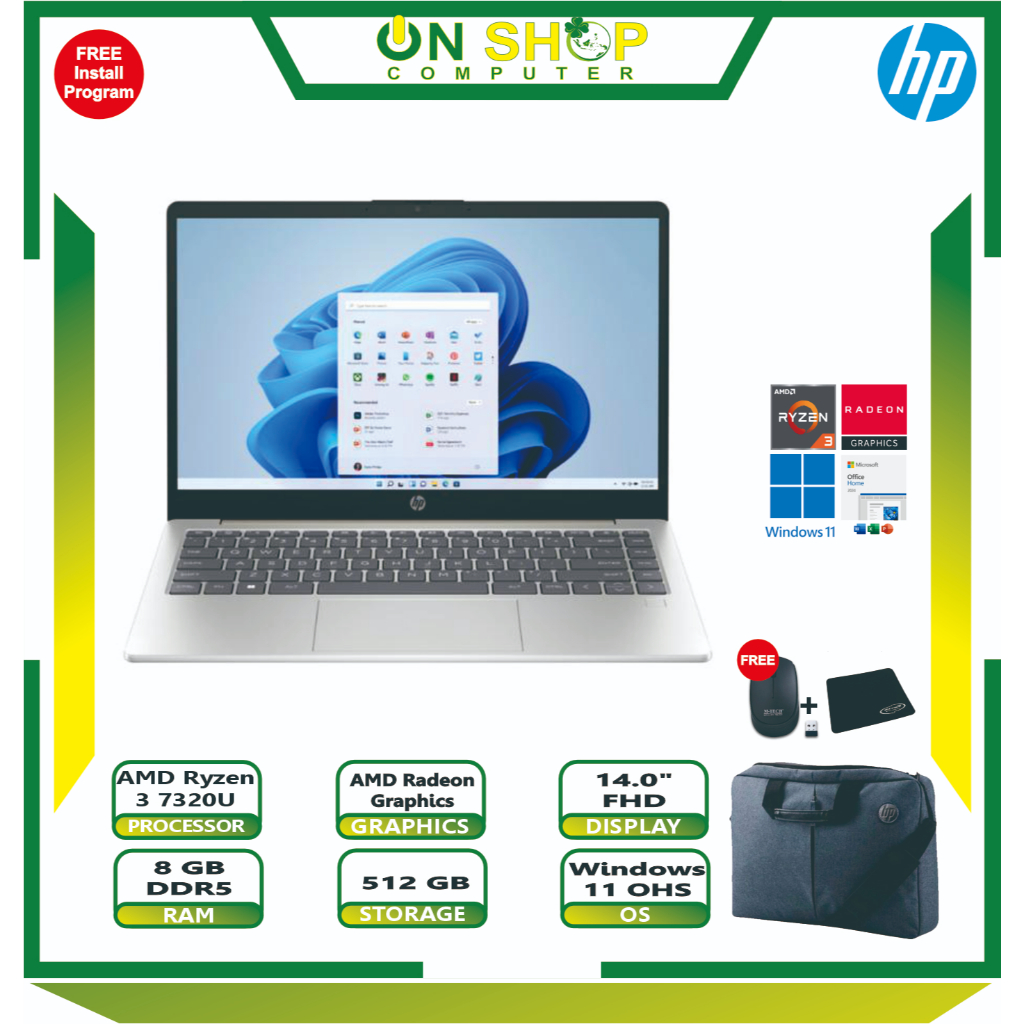 HP 14 em0320AU AMD Ryzen 3 7320U RAM 8GB SSD 512GB W11 OHS 2024 Natural silver