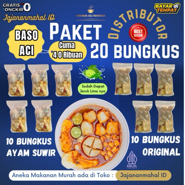 

Paket Baso Aci 20 Bungkus | 10 Ayam Suwir + 10 Original | Gratis ongkir, Hemat & Cocok Untuk Jualan