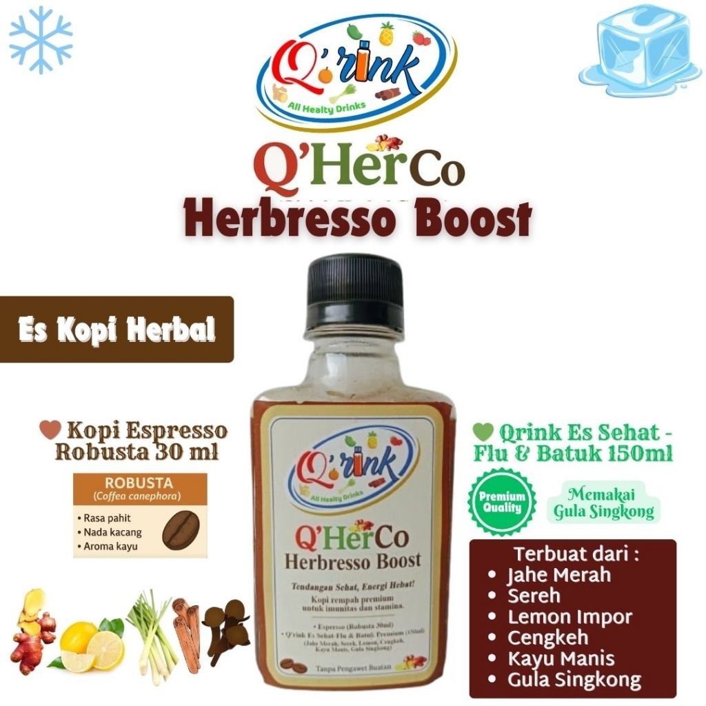 

Q’rink Herbresso Boost 200ml | Kopi Herbal Rempah Espresso Robusta Frozen Premium Gula Singkong Sehat Imunitas Stamina Botol Leon