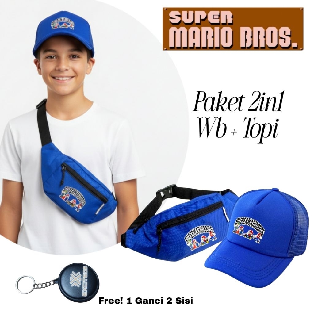 Paket Bundling Tas Pinggang Anak Laki - Laki Karakter Mariobros Plus Topi Keren