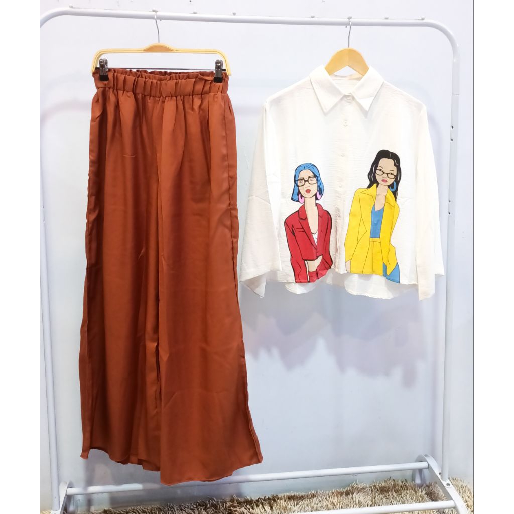 Setelan kemeja celana kulot wanita kekinian