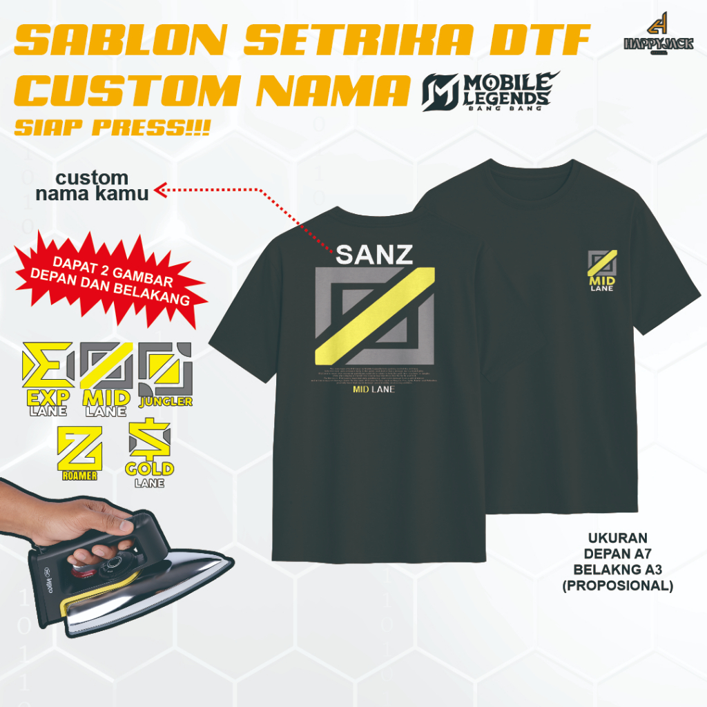 SABLON SETRIKA DTF CUSTOM NAMA MOBILE LAGENDS ALL ROLE SIAP PRESS