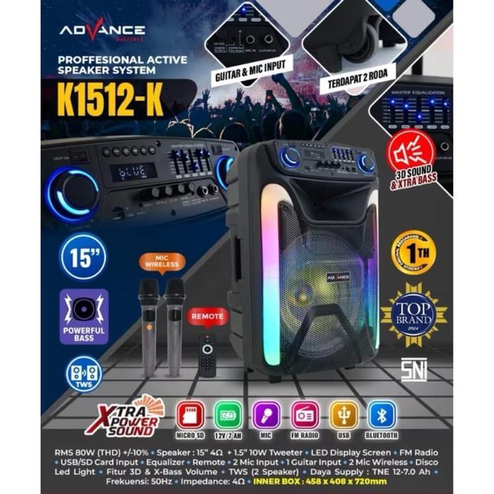 Speaker Active Portable Advance K1512-K 15" Free Mic K1512K
