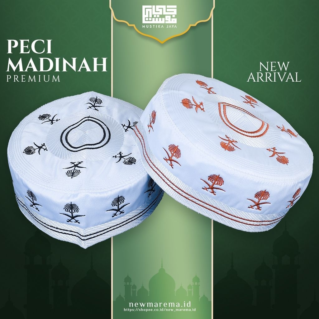 PECI MADINAH MOTIP POHON KURMA PECI HAJI DAN UMROH KOPIAH PUTIH SONGKOK MADINAH TERLARIS