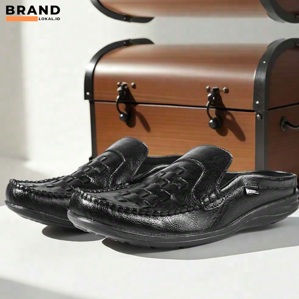 Gvl Geovelli FULL BALCK Sepatu Selop Pria Kulit Sandal Bustong Laki laki Sendal Tutong Casual Pansus