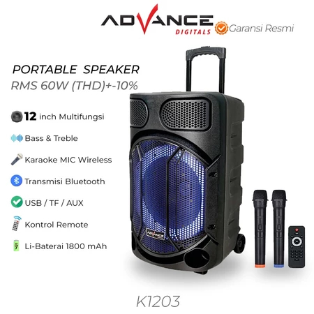 ADVANCE K1203 Speaker Portable Super Bass 12 Inci Karaoke Dengan Dua Mic Untuk Duet Lampu Led ADVANC