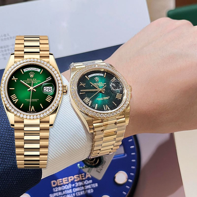 【100% ASLI】Original Jam tangan Rolex Pria Rolex Day-Date Series M128348rbr-0068 40mm Green dial Auto