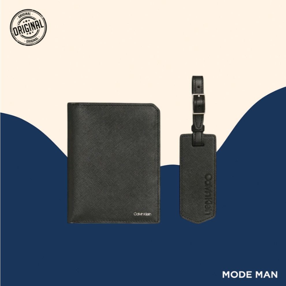 Calvin Klein Saffiano Leather Logo Wallet + Luggage Tag – Dompet Kulit Pria Hitam Elegan 100% Origin