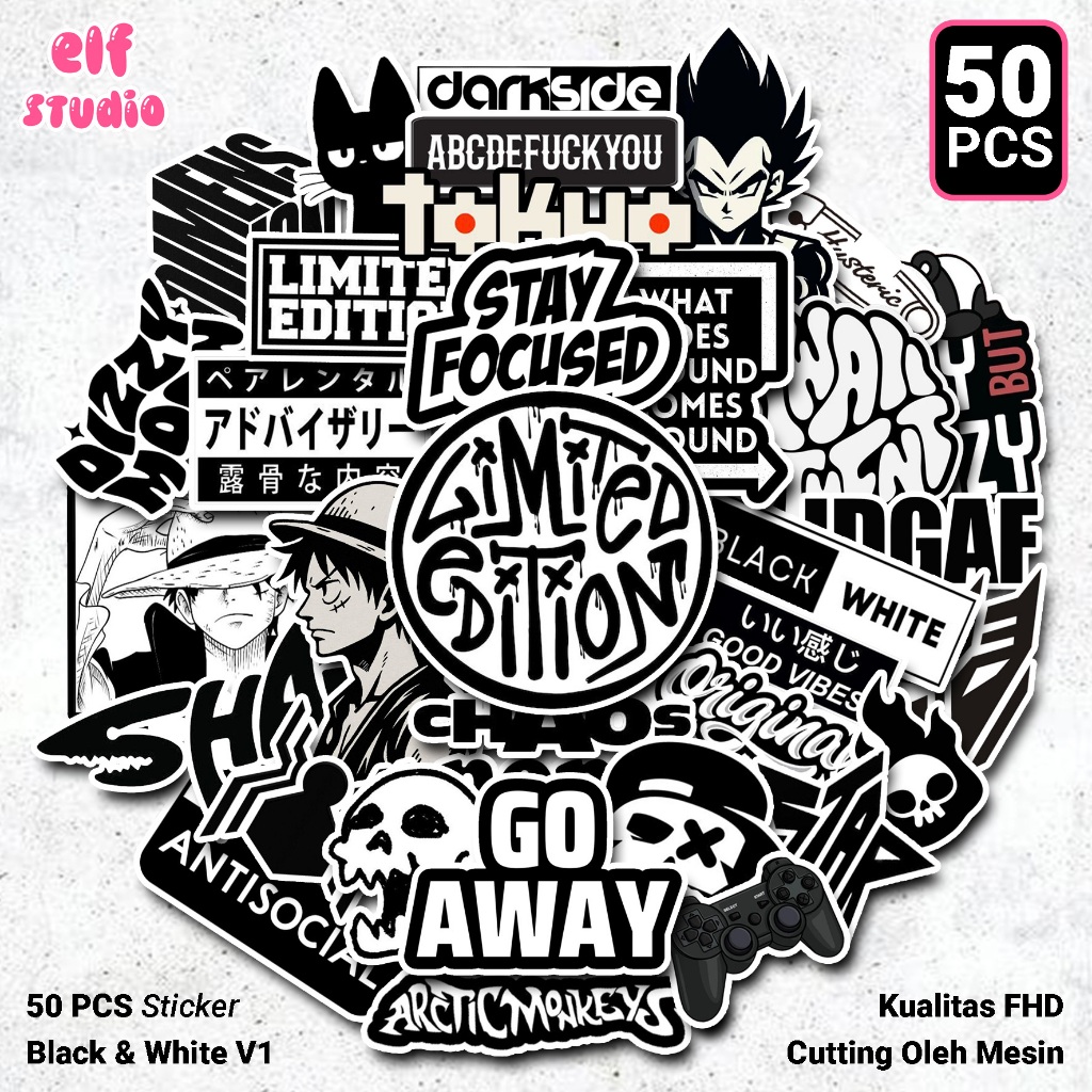 Stiker Black And White 50 PCS Sticker Hitam Putih Pack Aesthetic Laptop Decor Buku Jurnal