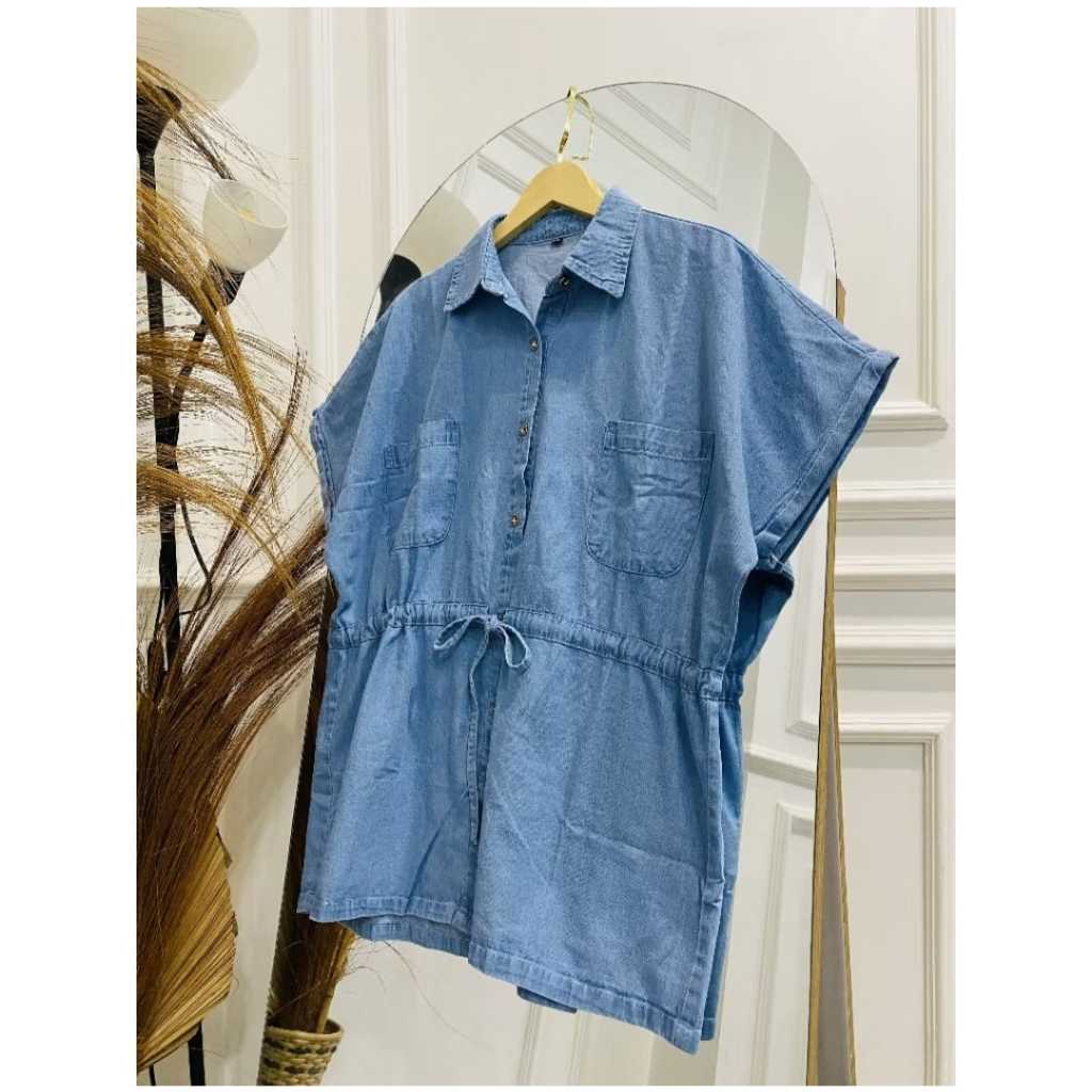 Atasan Kemeja Jeans Oversize Lengan Pendek/Vest Premium Rompi Wanita Dewasa Kerut Pinggang