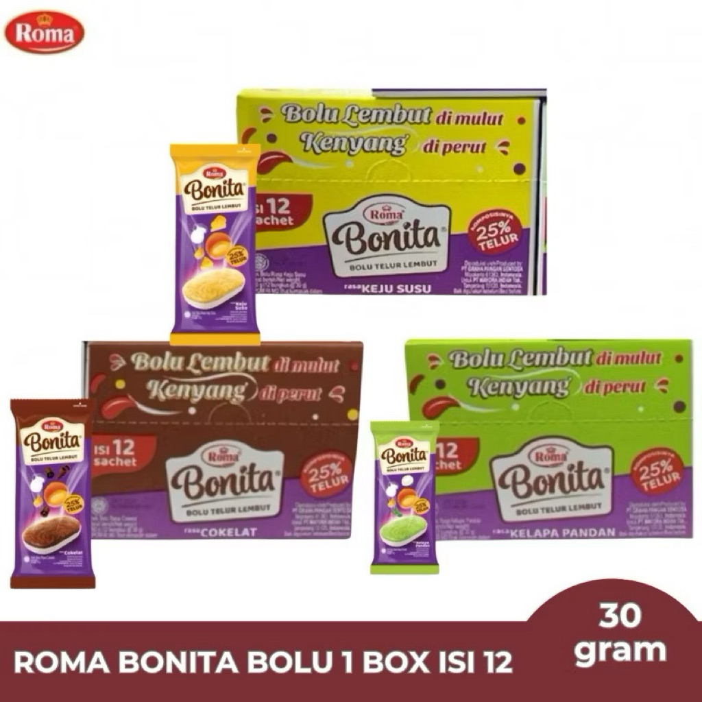 

Roma bonita bolu telur lembut 1Dus isi 12pcs @30gram 3varian rasa