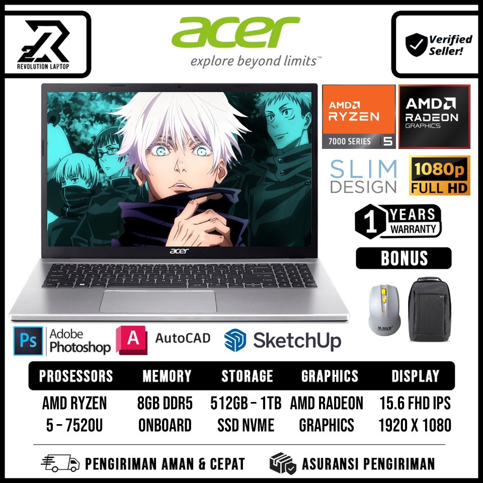 Laptop Acer Aspire 3 Slim A315 Ryzen 5 7520U 8GB 2TB SSD 15.6 Fhd Ips Windows11
