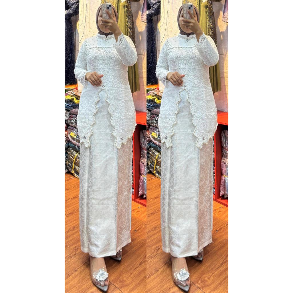 SET KEBAYA PREMIUM BROKAT MUTIARA DENGAN ROK SONGKET BAJU LAMARAN TUNANGAN PUTIH PREMIUM CANTIK MEWA