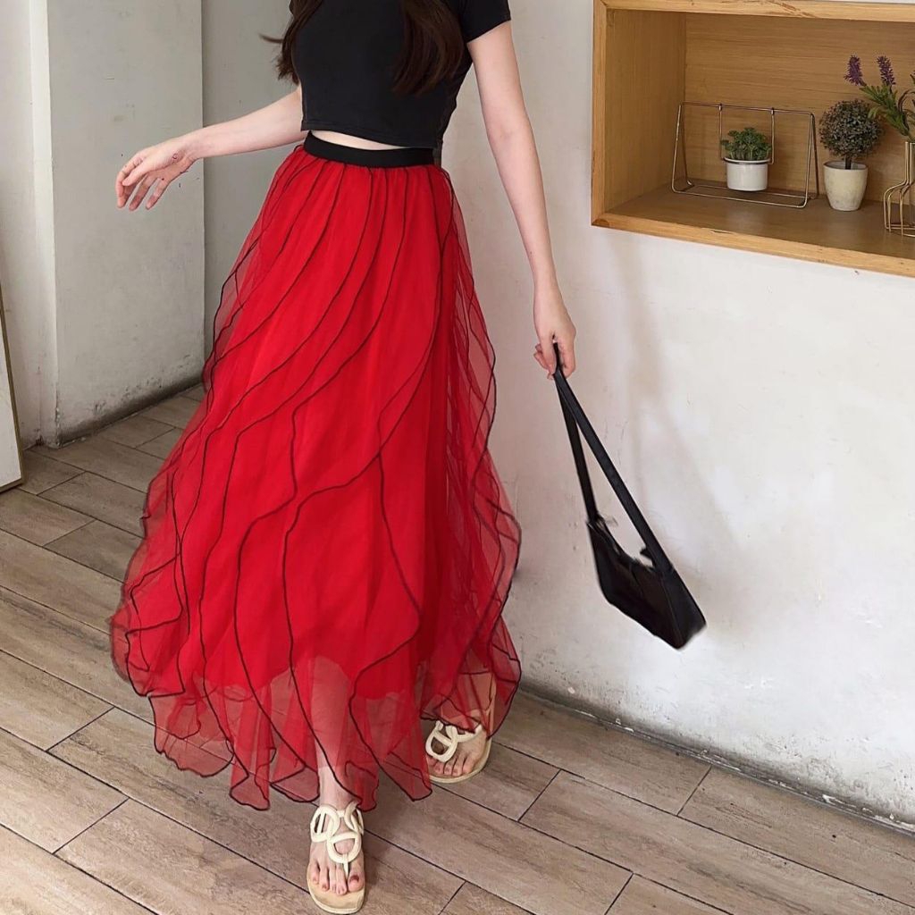 9970 Rok panjang rempel rumbai GILDA RUFFLED MESH MAXI SKIRT Korean style Wanita premium import Bang