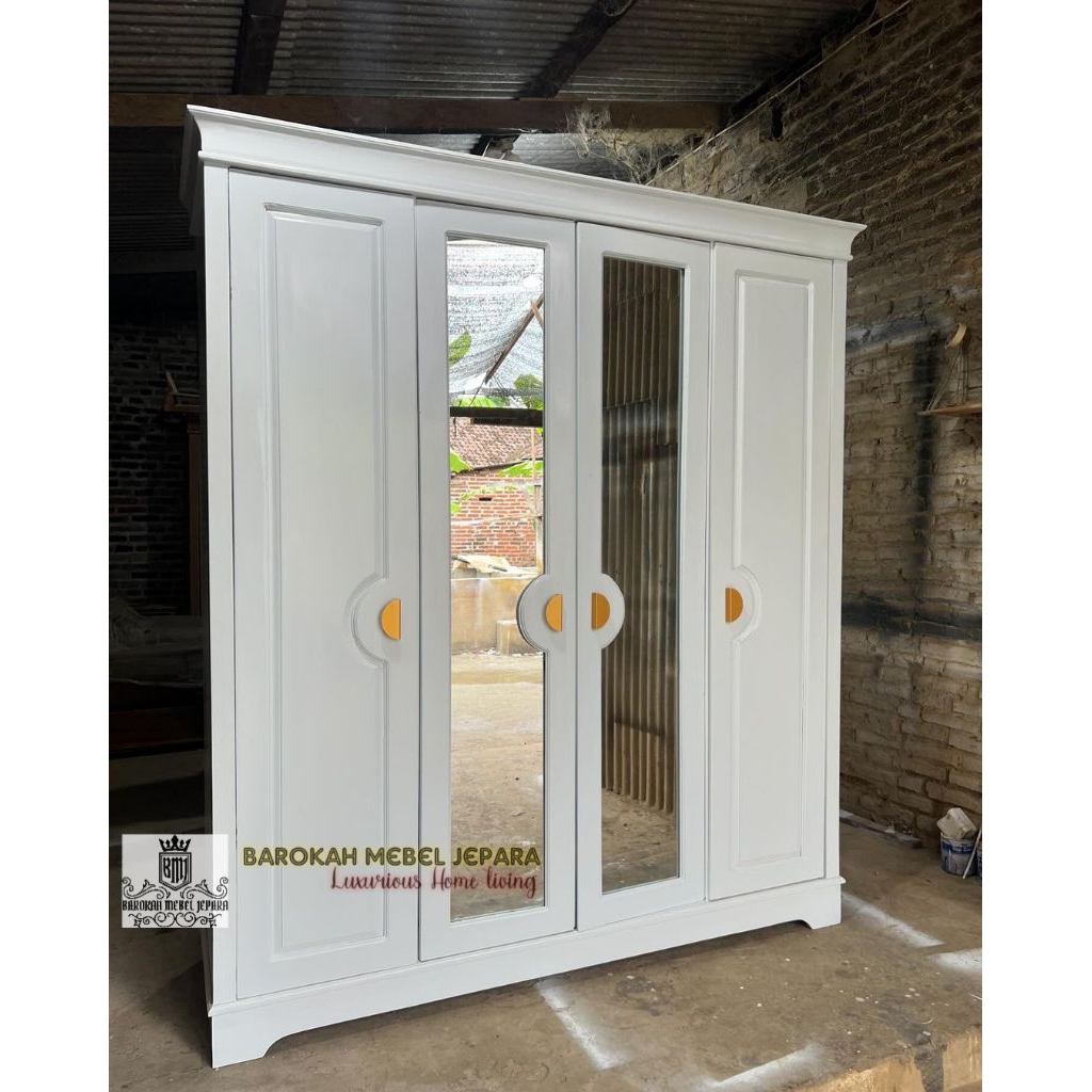 lemari pakaian duco jati minimalis pintu 4 kaca , lemari kaca jati 4 pintu minimalis finishing putih