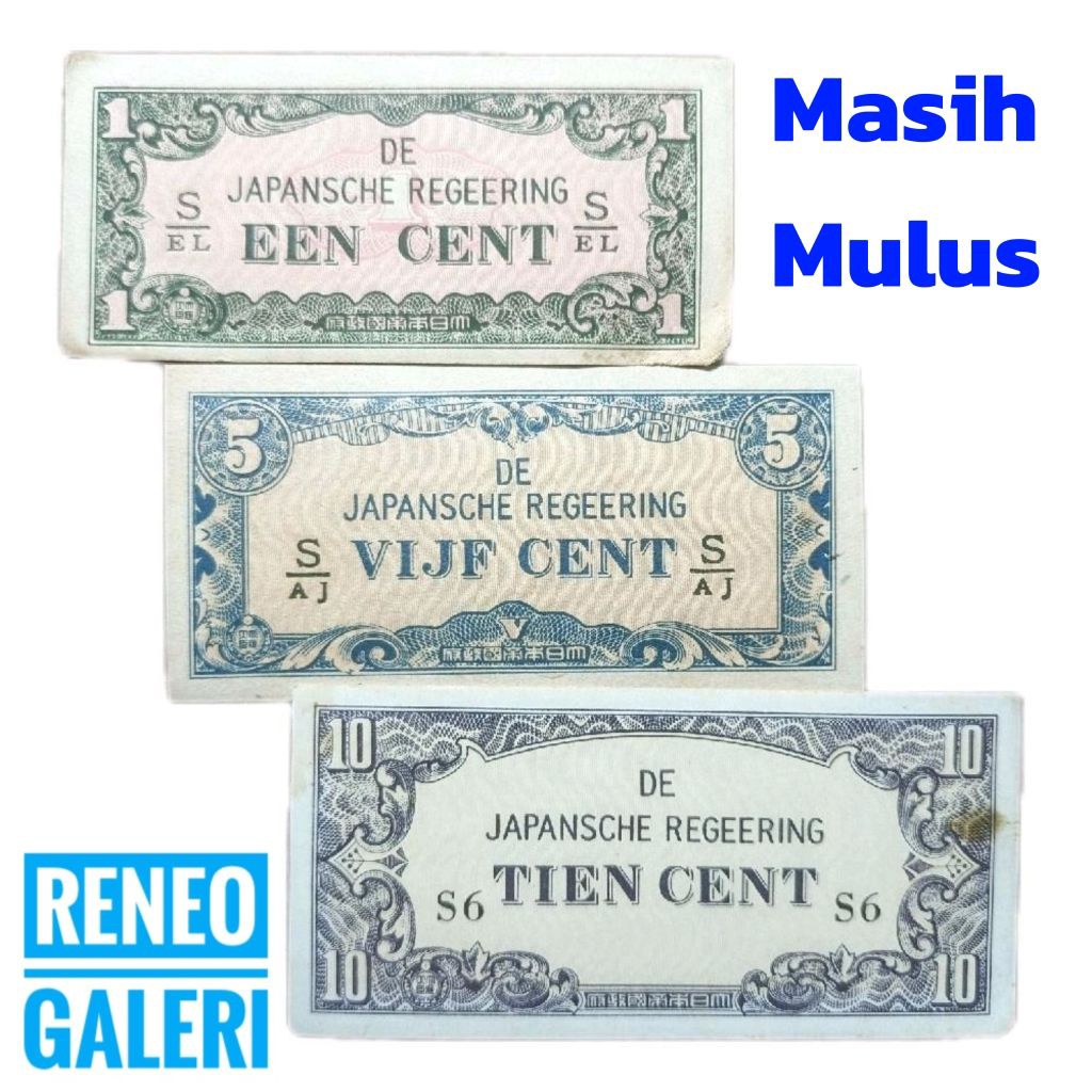 Paket 3 lembar miniset seri DJR tahun 1942 De Japansche Regeering Uang kertas kuno jaman pendudukan 