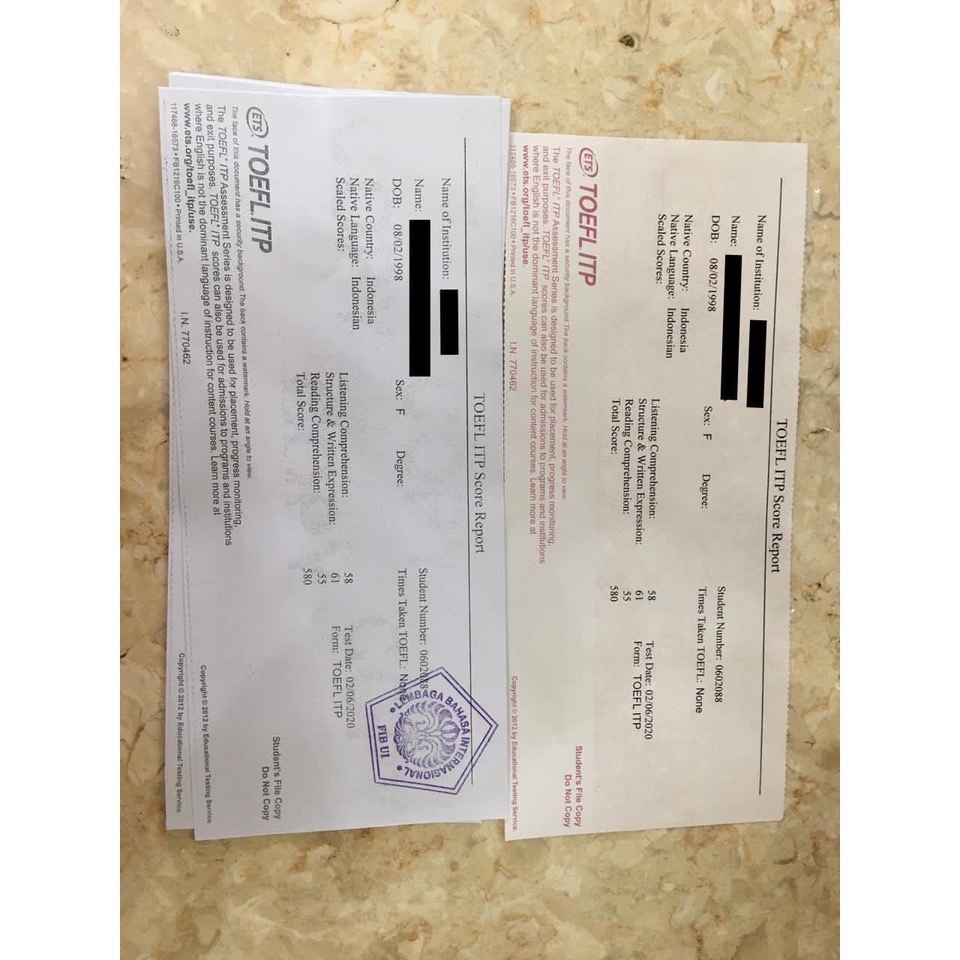 

SCORE REPORT TOEFL ITP