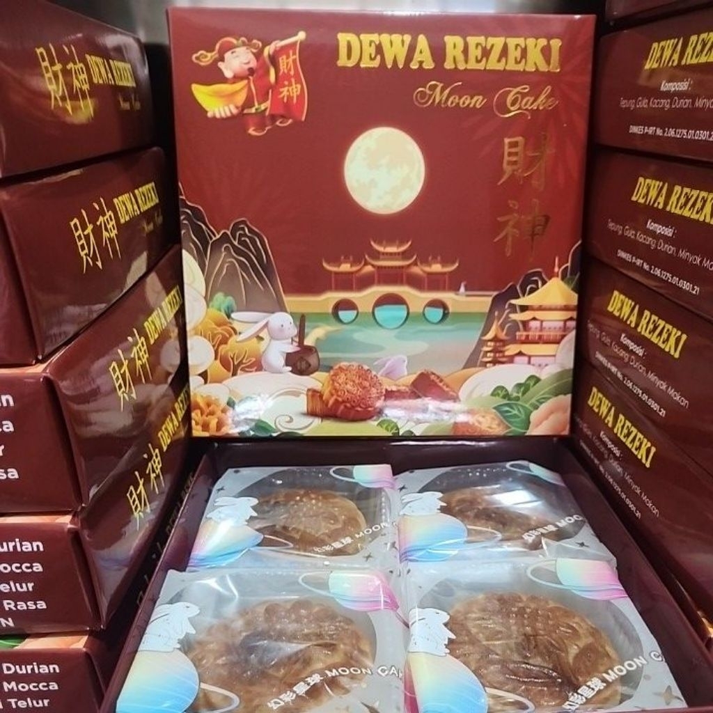 

Mooncake / Kue Bulan Dewa Rezeki Kacang Hijau Hitam Durian Vegetarian Kopi Mocca Taoyung Gojin