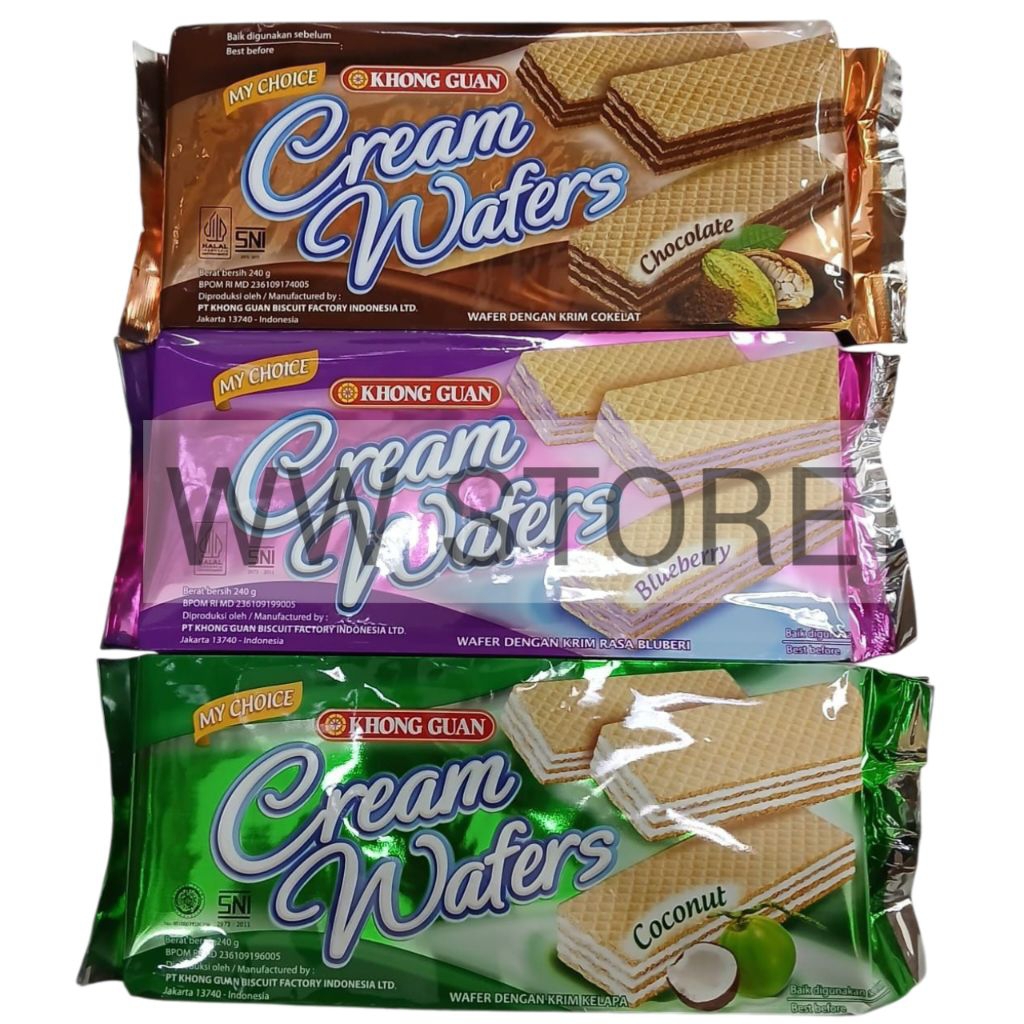 

Wafer dengan krim rasa coklat cokelat buah bluberi kelapa halal MUI KHONG GUAN MY CHOICE Chocolate / Blueberry / Coconut Cream Wafers 240g