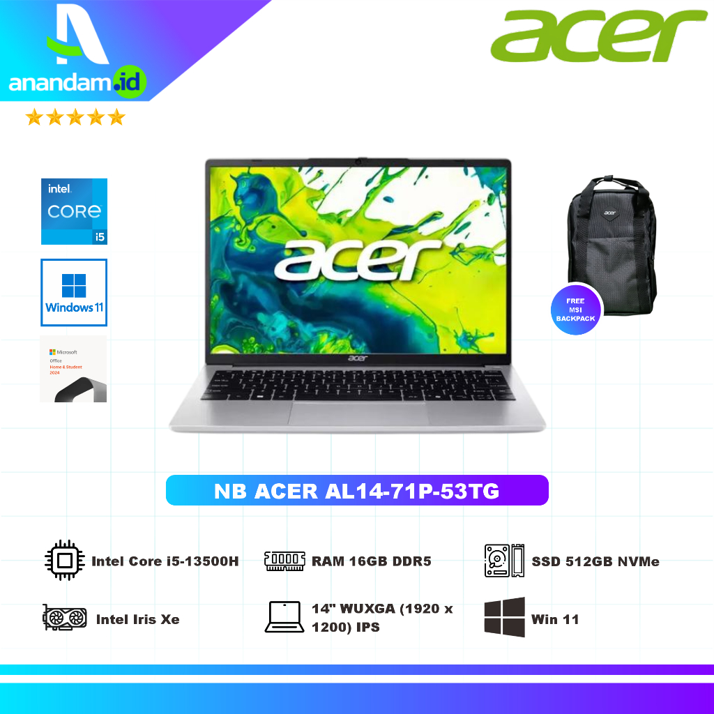 Acer Aspire 14 Lite AL14 71P 53TG Intel Core i5-13500H 16GB SSD 512GB 14″ W11+OHS2024+M365