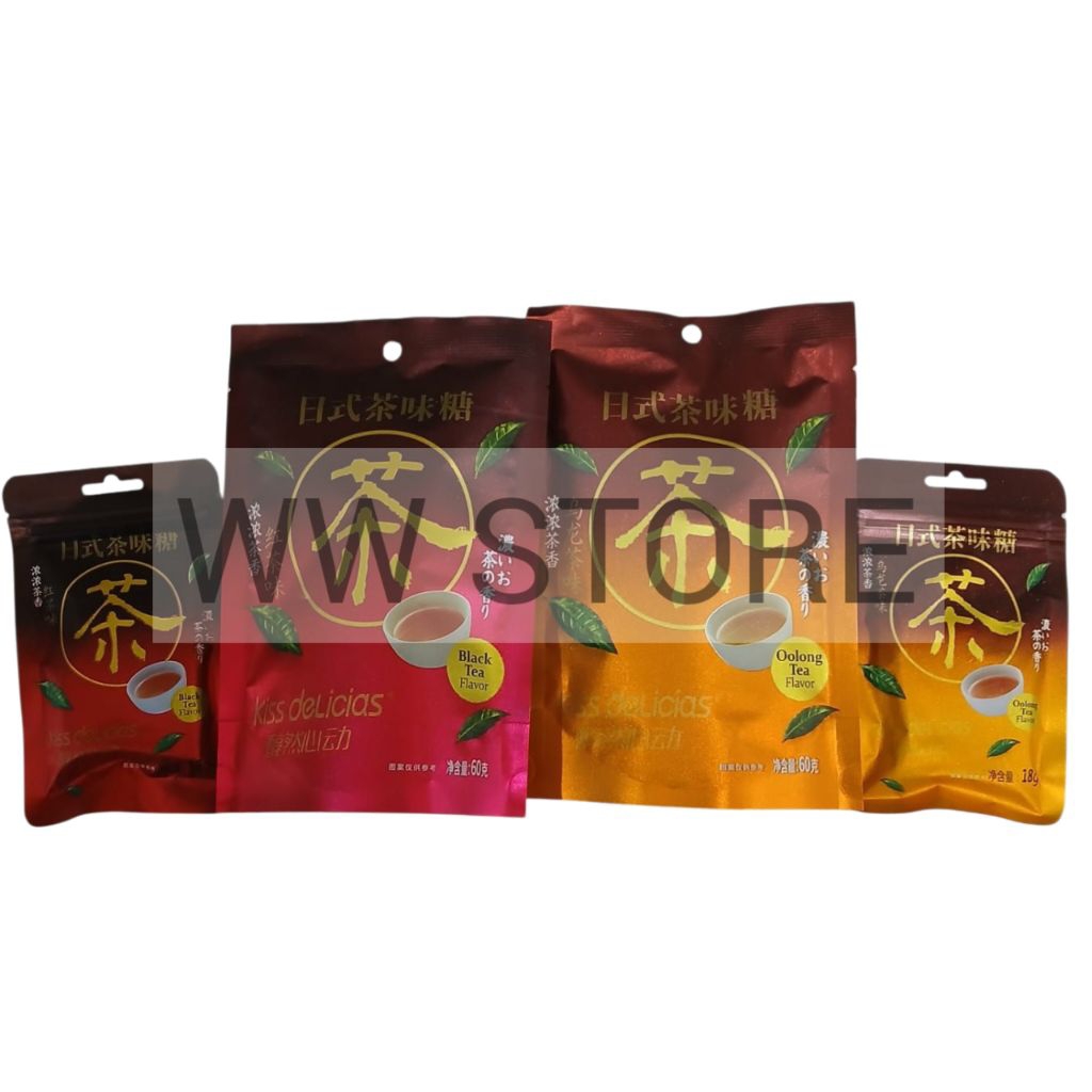 

Permen kembang gula keras rasa teh hitam halal MUI kiss delicias Black / Oolong Tea flavor flavour mint candy 18g 60g