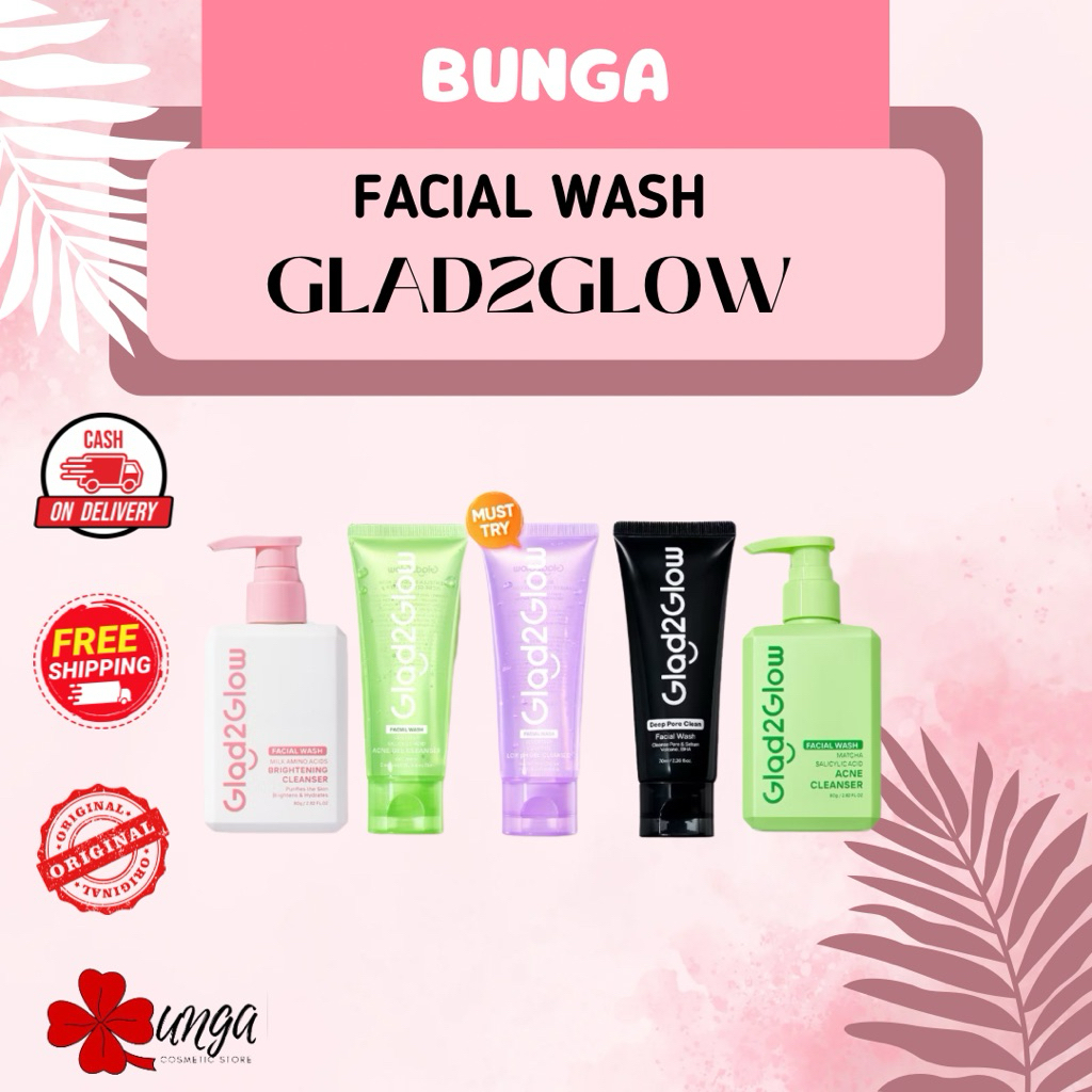 BUNGA- Facial Wash Glad2glow/ Sabun cuci muka glad2glow/ Pembersih wajah