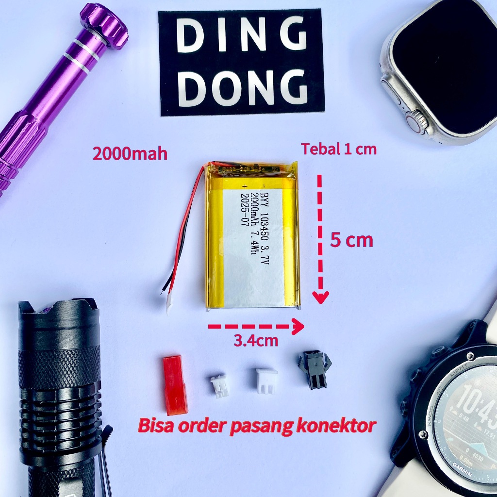 BATERAI LITHIUM POLYMER LIPO 2000 Mah 103450 3.4CM X 5CM TEBAL 1CM 3.7V IC PROTECTION BATRE RC DRONE