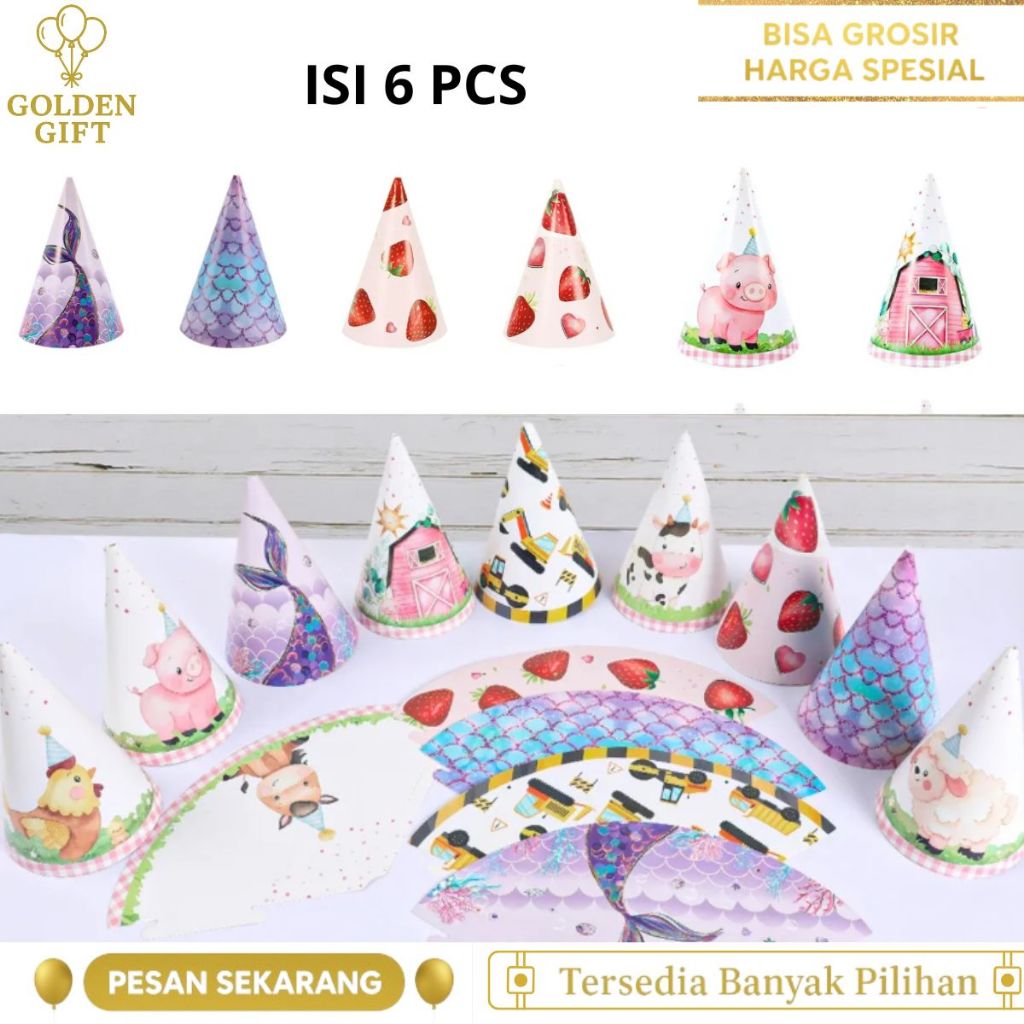 6 Topi Kertas Karton HBD Ulangtahun Bday Pesta acara Karaker Mermaid Kontruksi Happy Brithday