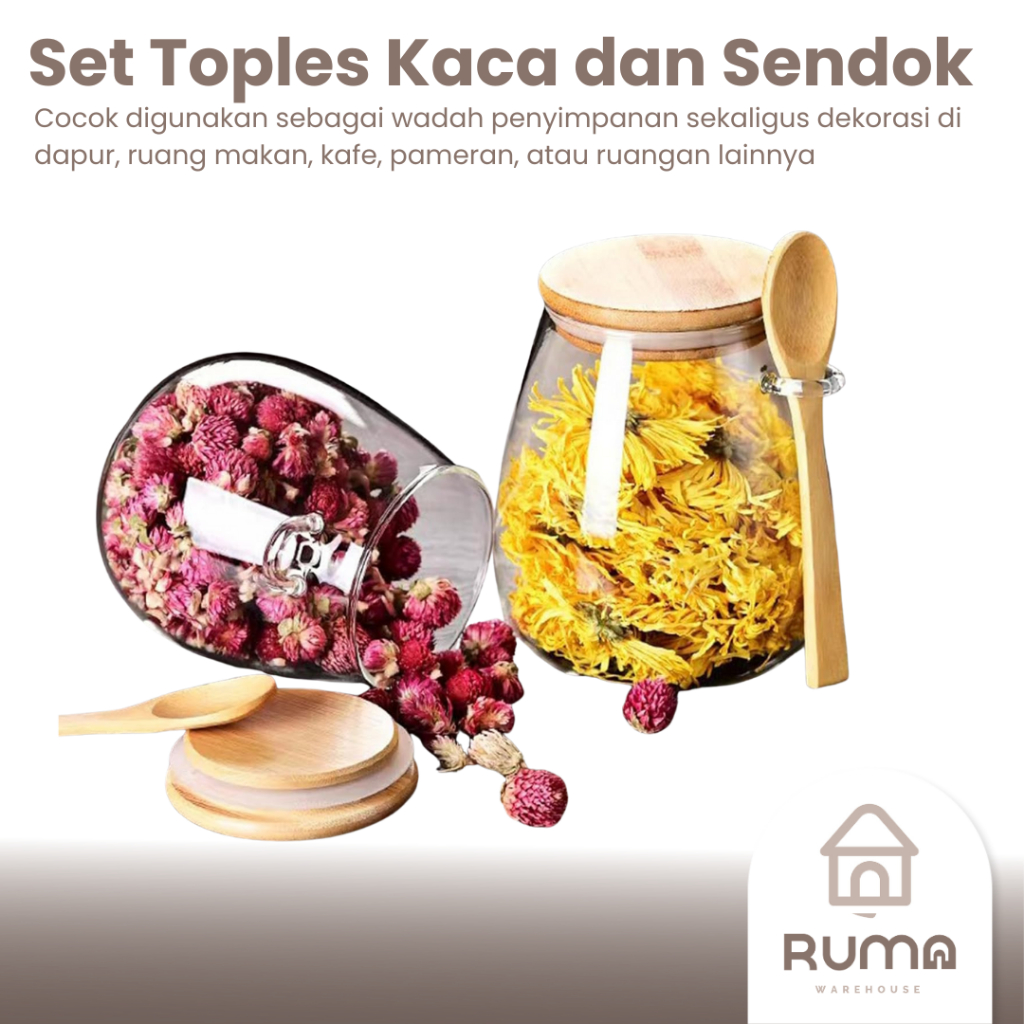 Toples Kaca Vintage 600 Ml Tutup Kayu dan Sendok Toples Serbaguna Kaca 600 Ml Tutup Kayu + Sendok Ka