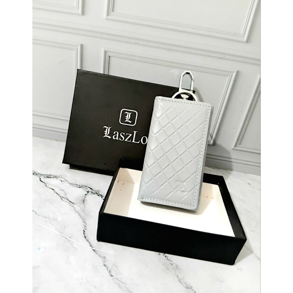 Dompet kunci mobil kulit asli Laszlo 515L Icy grey Rhombus pattern genuine leather