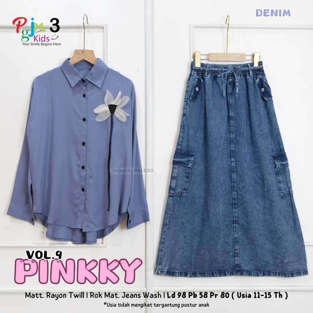 setelan rok jeans anak perempuan 11-15 tahun pinkky set ori pgj kids