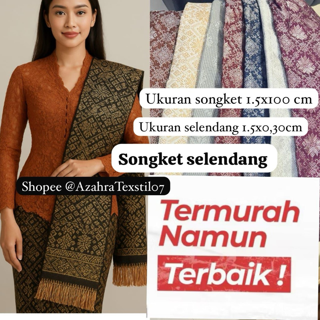 SONGKET SET SELENDANG SIAP PAKAI RUMBAI TENUN SONGKET JUMBO