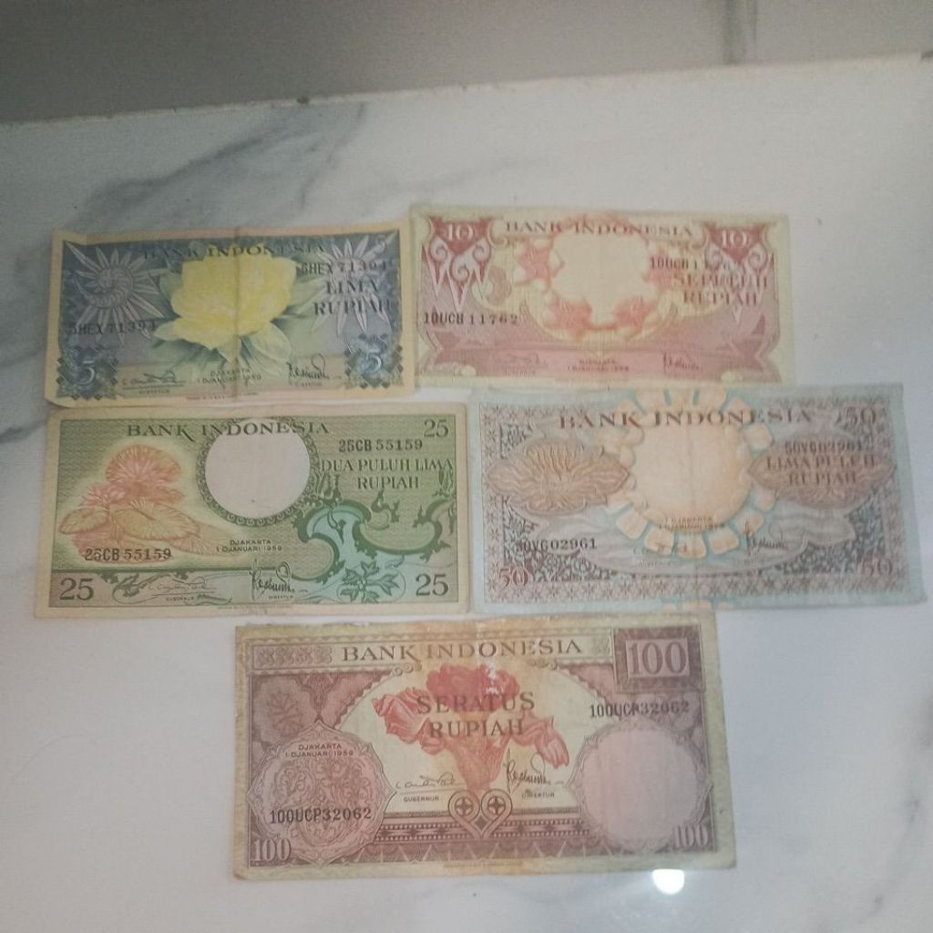 uang kuno set bunga 5,10,25,50,100 rupiah tahun 1959 kondisi pernah dipakai